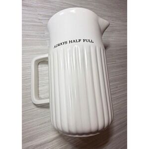 Primitives by Kathy Always Half Full White Ceramic‎ Ribbed Pitcher Vase 9 Inch